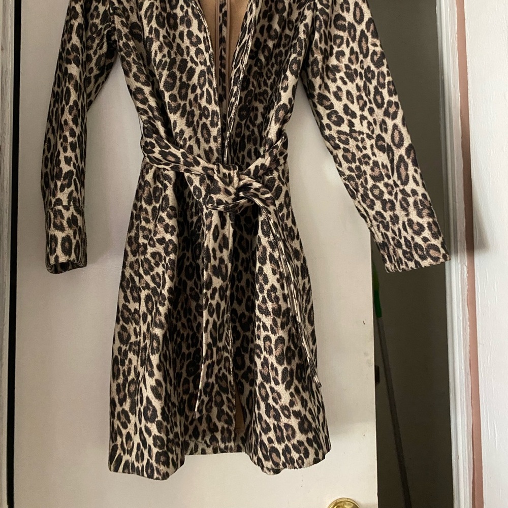 Chico’s Leopard Fleece Belted Tie Waist Trench Coat - Size 0